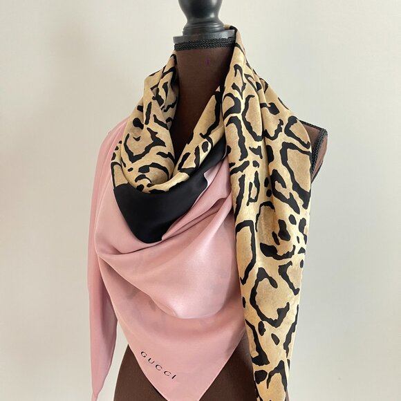 New Gucci Oversize Shawl Animal Print Pink Silk Wrap Scarf - Picture 15 of 16